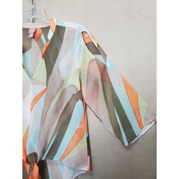 Chico's Sheer Chiffon Geo Print Slit-Sleeve Split-Neck Tie-Waist Blouse 2 Large - Picture 2 of 4